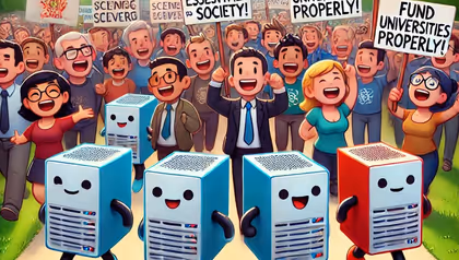 Cartoon-Style Computing Servers Protesting Against Budget Cuts. OpenAI, 2025. AI-generated image.