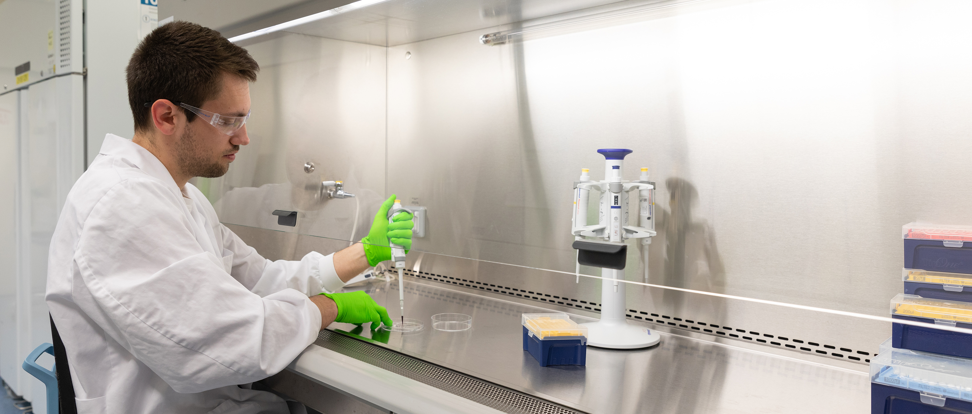 Biomedical engineering student conducts an experiment in the lab using pipettes and laboratory equipment.