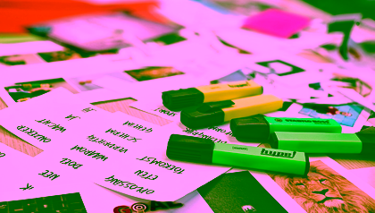 A close-up of highlighters resting on scattered cards and printed photos during a codesign workshop.