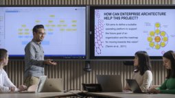 Four Business IT students discuss a project in a meeting room with screens showing a flowchart and a slide on Enterprise Architecture.
