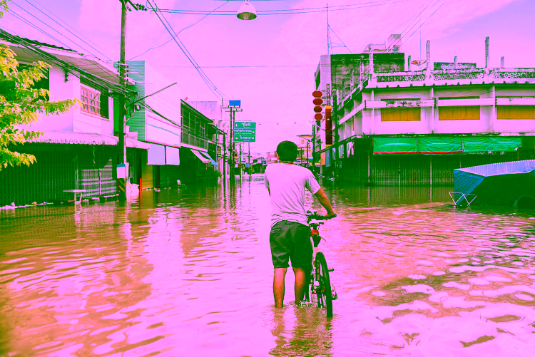 Person walking through water with his bicycle