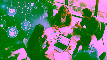 Four professionals collaborating in a modern office setting. This image is AI-generated.