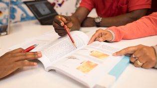 This image shows a close-up of people engaged in a research session or discussion, focusing on an open textbook with text and diagrams
