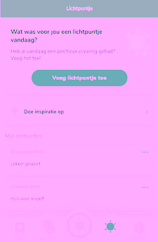 Screenshot uit de app Compas-Y. Bovenaan staat 'voeg lichtpuntje toe',  daaronder 'doe inspiratie op' en daaronder een lijst met eerder ingevulde lichtpuntjes.