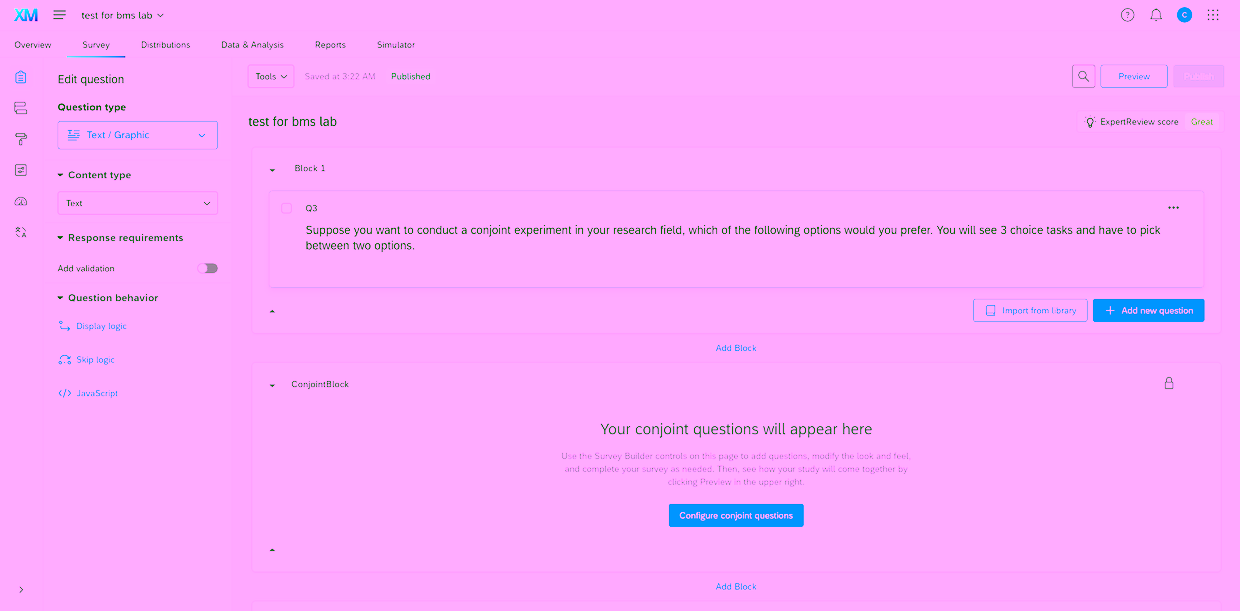 Qualtrics conjoint within a questionnaire