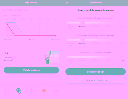 Twee screenshots uit de app Compas-Y. Links een grafiek met eerder ingevulde emoties. Rechts drie slidervragen over emoties.