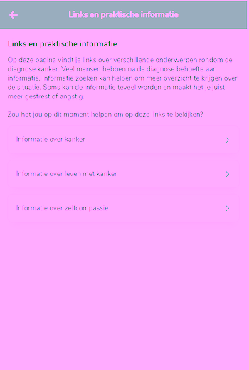 Screenshot van de app Compas-Y met de titel: Links en praktische informatie. Drie knoppen/subpagina's: Informatie over kanker; Informatie over leven met kanker; Informatie over zelfcomapssie