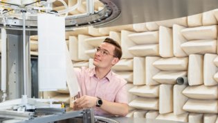 Testing setup in anechoic chamber, illustrating precision measurement and noise control in aerospace engineering.