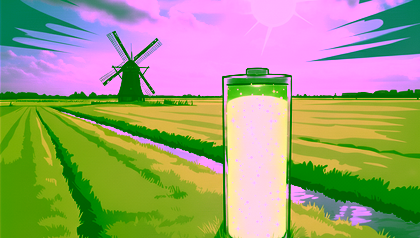 Battery on pasture near windmill, research into sustainable battery material for sodium-ion batteries - NANEXBAT