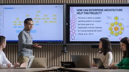 Four Business IT students discuss a project in a meeting room with screens showing a flowchart and a slide on Enterprise Architecture.
