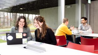 Two women smile while working on a laptop, with two men talking in the background by a large window on a rainy day.