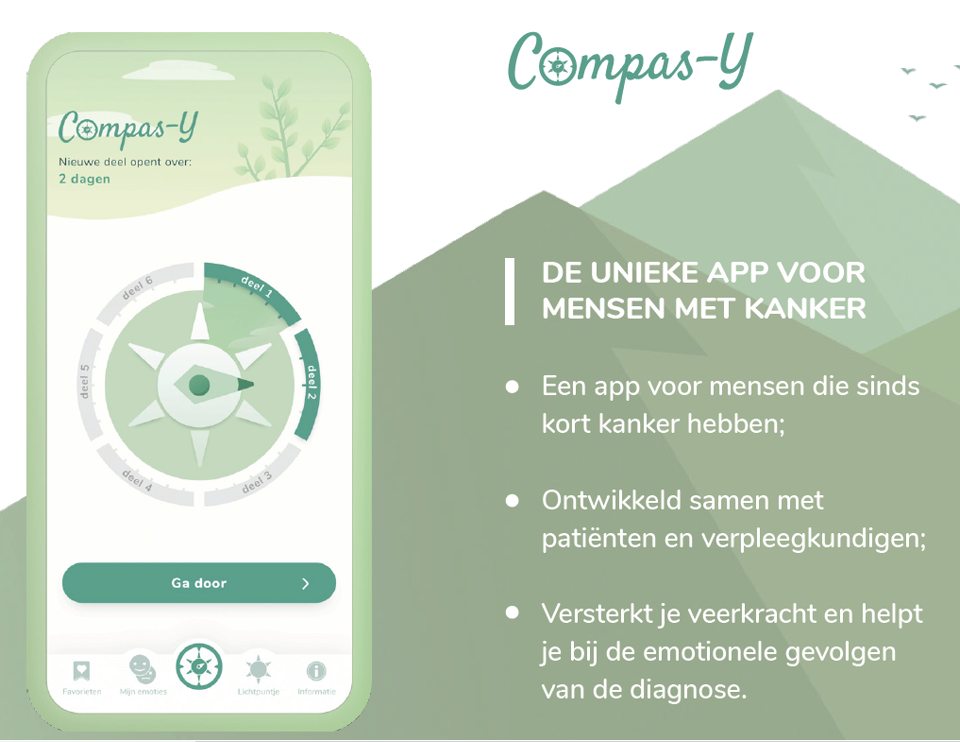 Links de homepage van de app Compas-Y. Rechts de tekst: Compas-Y, de unieke app voor mensen met kanker. Een app die mensen ondersteunt bij het omgaan met lichamelijke en psychische klachten tijdens en na behandeling; ontwikkeld samen met patienten en verpleegkundigen.