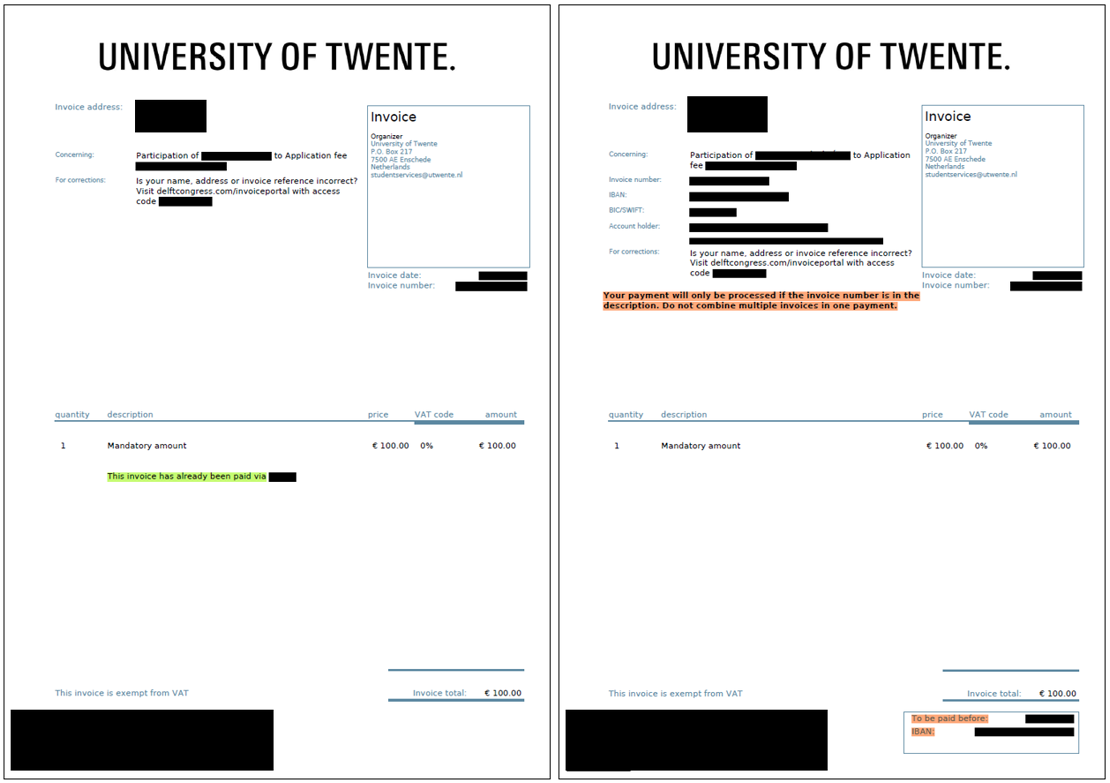 examples of invoices (correct: left, incorrect: right)