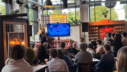 Elinor Meredith (ITC) speaking at last year's edition of Pint of Science