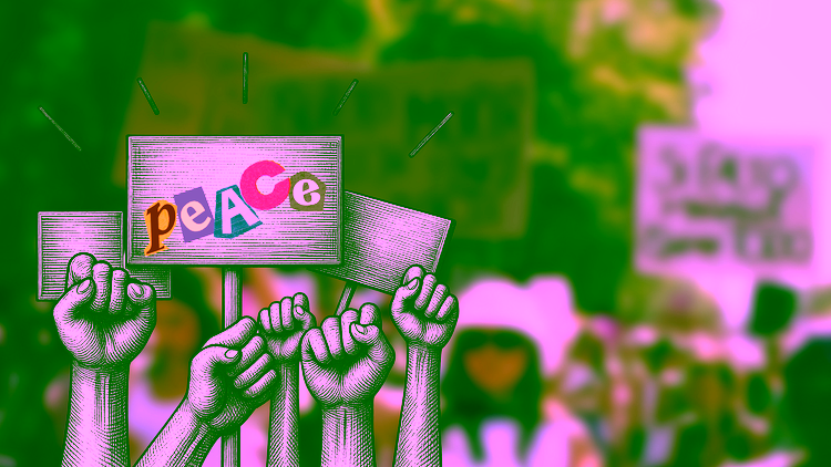 Protest signs saying peace