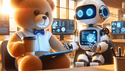 A teddy bear and a robot are discussing data science over coffee.